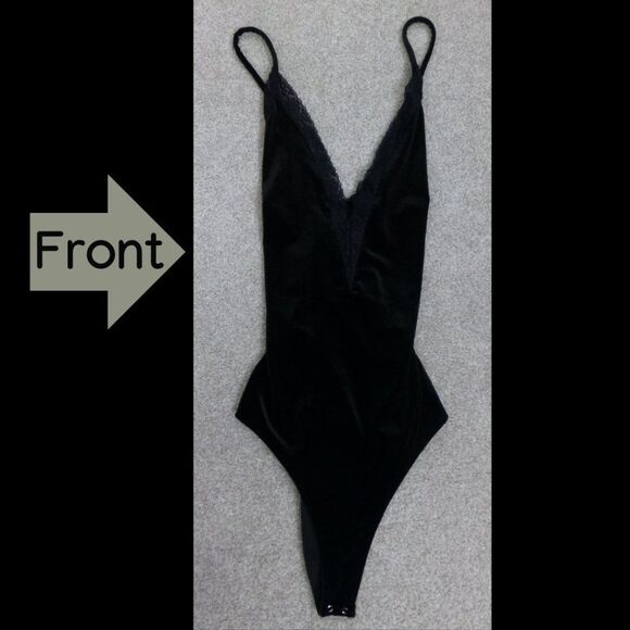 Forever 21 Black Velour Bodysuit with Deep V-Neck Lace, Cross Back Straps - Picture 2 of 11